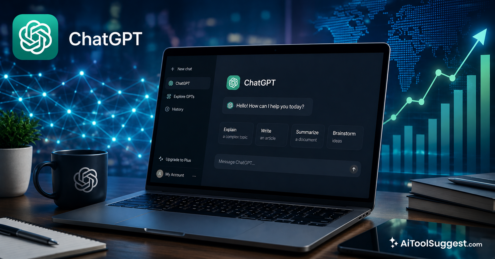 ChatGPT AI tool interface on a laptop with futuristic technology background.